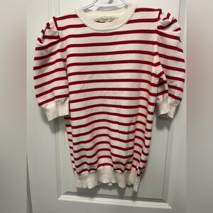 Vine And love Puff Sleeve Red And Cream Striped Short Sleeve Sweater Women L
